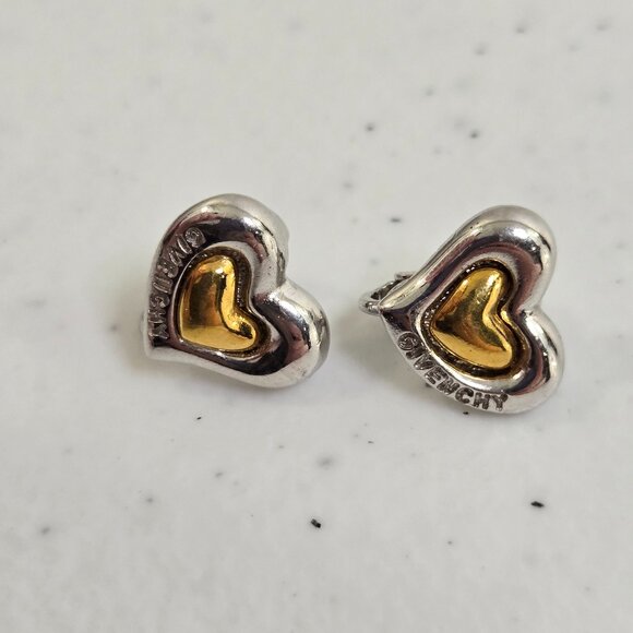 Givenchy Heart Clip On Earrings Gold Silver Tone Small Signed Logo Vintage Used, - Picture 1 of 7